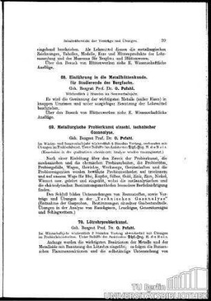 69. Metallurgische Probierkunst einschl. techn. Gasanalyse