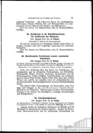 69. Metallurgische Probierkunst einschl. techn. Gasanalyse