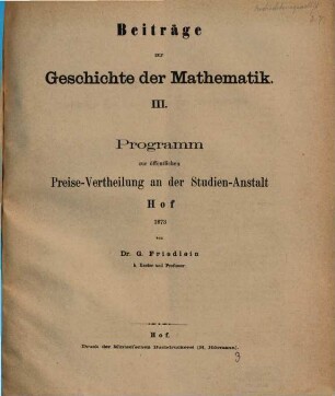 Programm zur öffentlichen Preise-Vertheilung an der Studienanstalt Hof, 1873