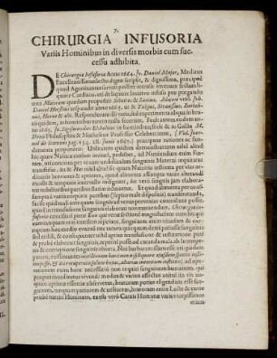 Chirurgia Infusoria Variis Hominibus in diversis morbis cum successu adhibita.