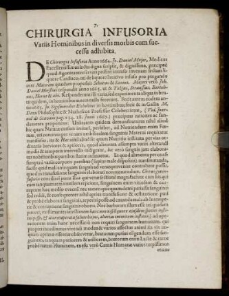 Chirurgia Infusoria Variis Hominibus in diversis morbis cum successu adhibita.