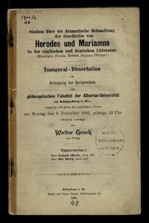 Studien über die dramatische Behandlung der Geschichte von Herodes und Mariamne in der englischen und deutschen Literatur
