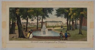 Dresden, Stadtansicht vom Zwingerwall nach Nordosten mit Japanischem Palais und Hotel Bellevue (Calberlasche Zuckersiederei)