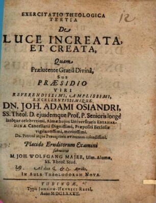Exercitatio Theologica Tertia De Luce Increata, Et Creata