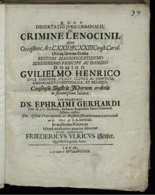 Dissertatio Jvris Criminalis, De Crimine Lenocinii