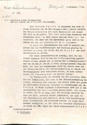 Schreiben Direktion der Naturaliensammlung Stuttgart an Kulministerium über Kaufbedingungen eines "Hautsauriers mit Jungen"