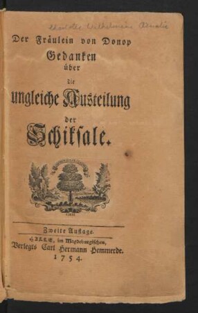 Der Fräulein von Donop Gedanken über die ungleiche Austeilung der Schiksale
