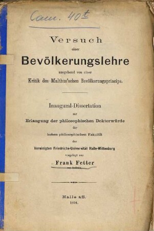 Versuch einer Bevölkerungslehre : ausgehend von einer Kritik des Malthus'schen Bevölkerungsprincips