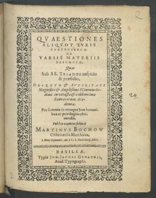 Quaestiones Aliquot Iuris Controversae Ex Variis Materiis Desumptae