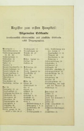 Register zum ersten Hauptteil: Allgemeine Erdkunde