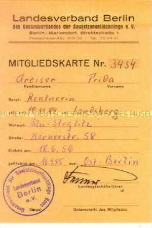 Mitgliedsausweis des Gesamtverbandes der Sowjetzonenflüchtlinge e.V., Landesverband Berlin