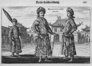 Mogolsche gezant : Mogolsche gezant (Mongolische Gesandte) Kupferstich Seite 189 aus: Die Gesantschaft der Ost-Indischen Geselschaft in den Vereinigten Niederländern an den Tartarischen Cham und nunmehr auch Sinischen Keiser : verrichtet durch die Herren Peter de Gojern und Jacob Keisern; darinnen begriffen die aller märkwürdigsten Sachen, welche ihnen auf währender Reise vom 1655. Jahre bis in das 1657. aufgestoßen. Amsterdam: Mörs, 1666. Dresden: SLUB Geogr.C.408