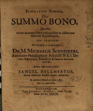 Disputatio Ethica, De Summo Bono