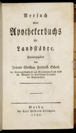 Versuch eines Apothekerbuchs für Landstädte