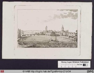 [Ansicht von Stuttgart: See mit Boot, Brücke, Kirchen und Häuser im Hintergrund].