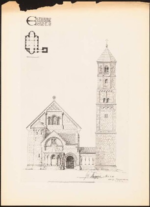 Romanische Kapelle: Grundriss, Vorderansicht (aus: Drucke von Seminararbeiten der Königlich Technischen Hochschule Berlin, Bd. I)
