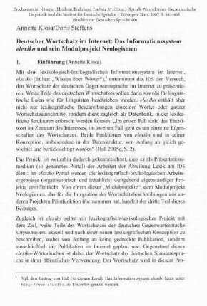 Deutscher Wortschatz im Internet: Das Informationssystem elexiko und sein Modulprojekt Neologismen