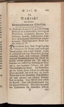 VI. Nachricht von einigen herausgekommenen Schriften.