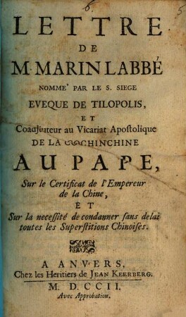 Lettre au Pape sur le certificat de l'empereur de la Chine