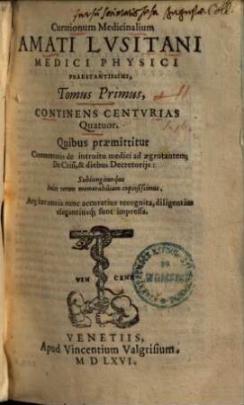 Curationum medicinalium tomus ..., 1