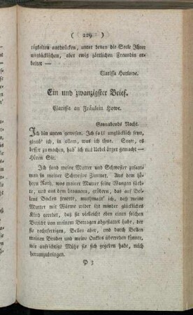 Ein und zwanzigster Brief. Clarissa an Fräulein Howe. - Sechs und zwanzigster Brief. Clarissa an Fräulein Howe.