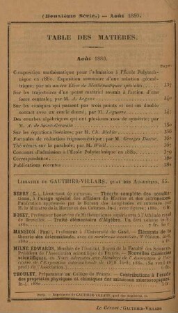 Table des matières. Août 1880.