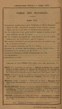 Table des matières. Août 1880.