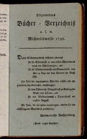Allgemeines Bücher-Verzeichniß u.s.w. Michaelismesse 1798.