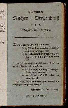 Allgemeines Bücher-Verzeichniß u.s.w. Michaelismesse 1798.
