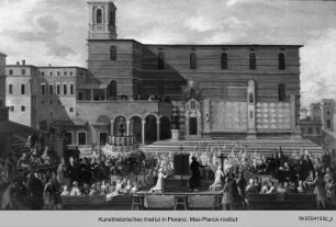 Vedute der ehemaligen Piazza Maggiore in Perugia mit zwei Episoden einer Predigt