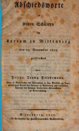 Abschiedsworte zu seinen Schülern im Gymnasium zu Wittenberg : den 29. Nov. 1823 gesprochen