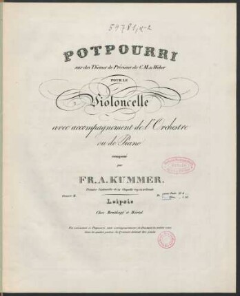 Potpourri sur des thèmes de Préciosa de C. M. de Weber : pour le violoncelle avec accompagnement de l'orchestre ou de piano ; oeuvre 3