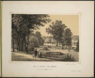 [Bl. 19] : Park zu Muskau. Der Badepark, Stahlstich, um 1867 : Ansichten aus dem Park zu Muskau / [Naturz. u. lith. v. Arldt]. - Muskau i./d. Ober-Lausitz : Ahner ; Dresden : Braunsdorf , [circa 1867]. - [22] Bl. : überw. Ill. ; quer-8°. - Ausg. mit 21 Stahlstichen