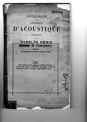 Catalogue des Appareils d'Acoustique construits par Rudolph Koenig