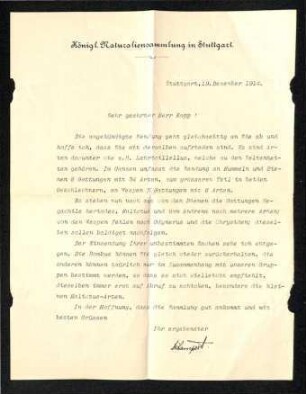 Brief von Lampert (Königliche Naturaliensammlung) an Kopp