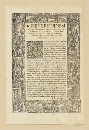 Umrahmung eines Widmungsbriefes mit Tantalus, Pelops, Merkur, Ceres und Jupiter, erstmals erschienen in: Quintus Septimius Tertullianus, "Opera", Bd. 2, Basel 1521
