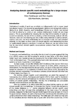 Analyzing domain specific word embeddings for a large corpus of contemporary German. International Corpus Linguistics Conference, Cardiff, Wales, UK, July 22-26, 2019