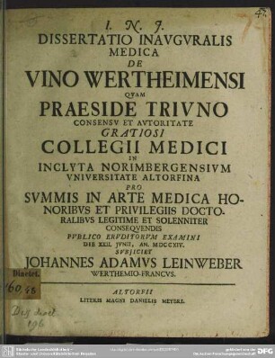 Dissertatio Inauguralis Medica De Vino Wertheimensi