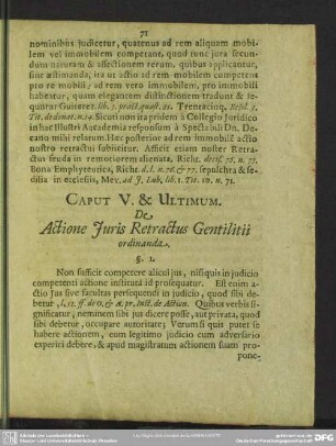 Caput V. & Ultimum, De Actione Iuris Retractus Gentilitii ordinanda