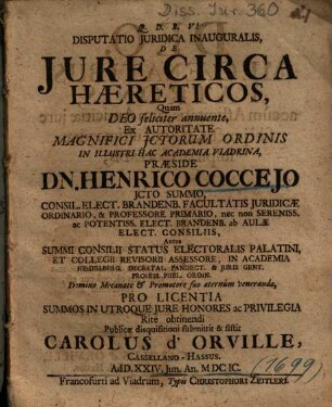 Disputatio Juridica Inauguralis, De Jure Circa Haereticos