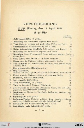 Versteigerung nur Montag, den 17. April 1939 ab 15 Uhr (Nr. 1-198)