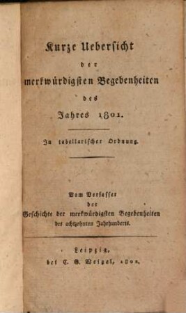 Kurze Übersicht der merkwürdigsten Begebenheiten des Jahres 1801