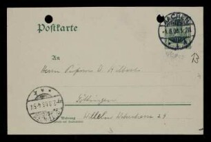 Nr. 13: Postkarte von Otto Blumenthal an David Hilbert, Aachen, 1.8.1906