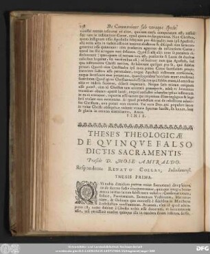Theses Theologicae De Quinque Falso Dictis Sacramentis. Praeside D. Mose Amyraldo. Respondente Renato Collas, Iuliodunensi.