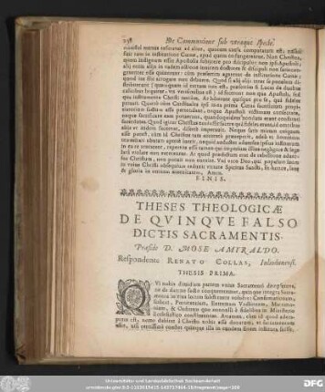 Theses Theologicae De Quinque Falso Dictis Sacramentis. Praeside D. Mose Amyraldo. Respondente Renato Collas, Iuliodunensi.