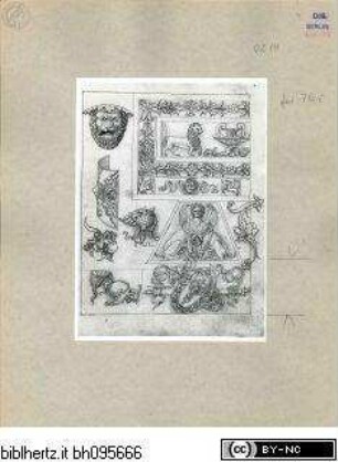 Mantegna SkizzenbuchOrnamente: Löwenmaske, Schild, Helm, Greifen - (So-Called) Mantegna Sketchbook; Mantegna Codex