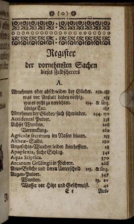 Register der vornehmsten Sachen dieses Feldscherers.