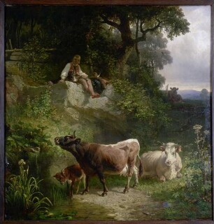 Hüterbub mit Kühen an der Tränke