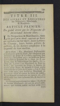 Titre III. Des livres et registres des négocians, marchands & banquiers.