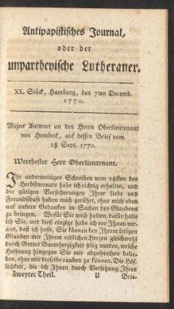 XX. Stück, Hamburg, den 7ten Decemb. 1770